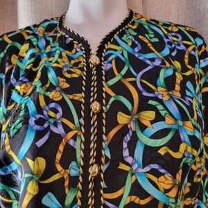 VTG Maggy London Petite 8 100% Silk Jacket Ribbon Pattern Gold Button Rope Trim